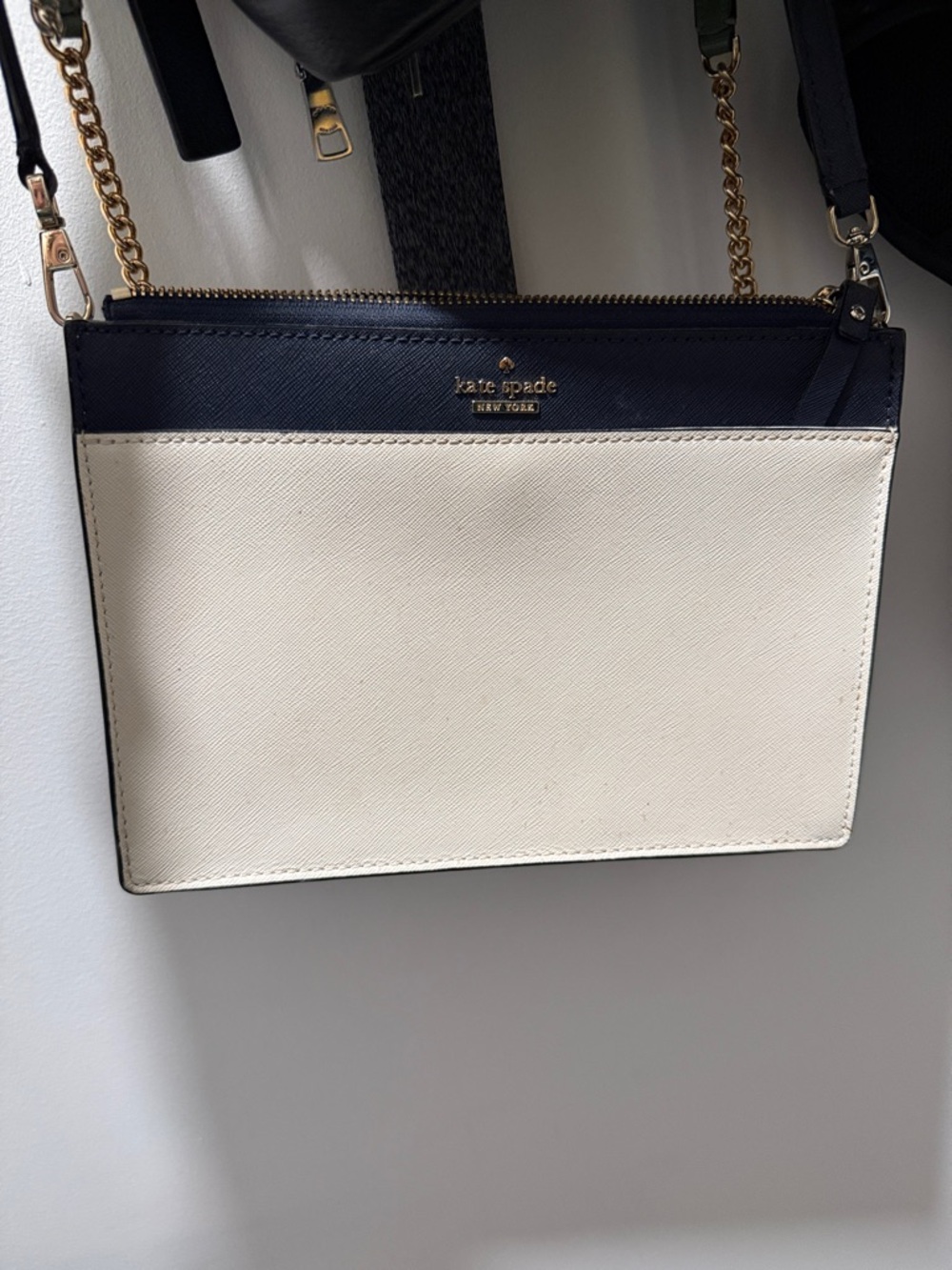 kate spade Cream and Navy Saffiano Crossbody with Gold Chain